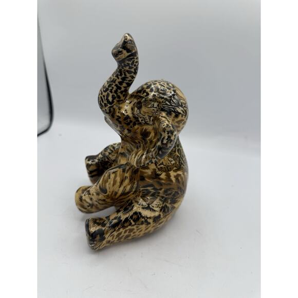Vintage La Vie Safari Patchwork Ceramic Elephant Figurine – Trunk Up, Sitting - Picture 5 of 7